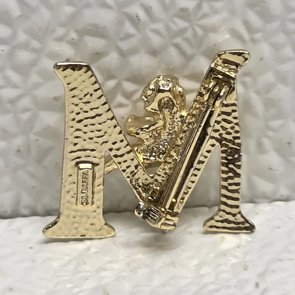 Initial Brooch L Razza Letter M Vintage Cherub Pin Gold Tone Grannycore